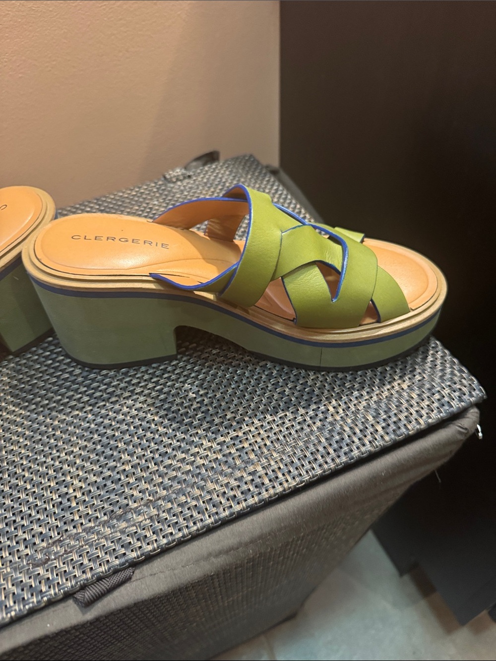 Robert Clergerie Green Platform Slide Sandals with Blue Trim